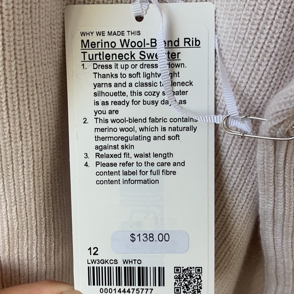NWT lululemon merino wool blend turtleneck ribbed sweater white opal size 12 - Picture 10 of 10